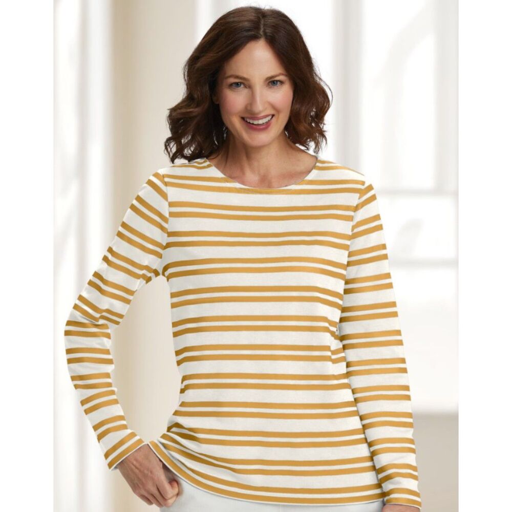 NEW Gold Striped Plus sz 1X Casual Wear Long Sleeve Cotton Tee Shirt APPLESEEDS